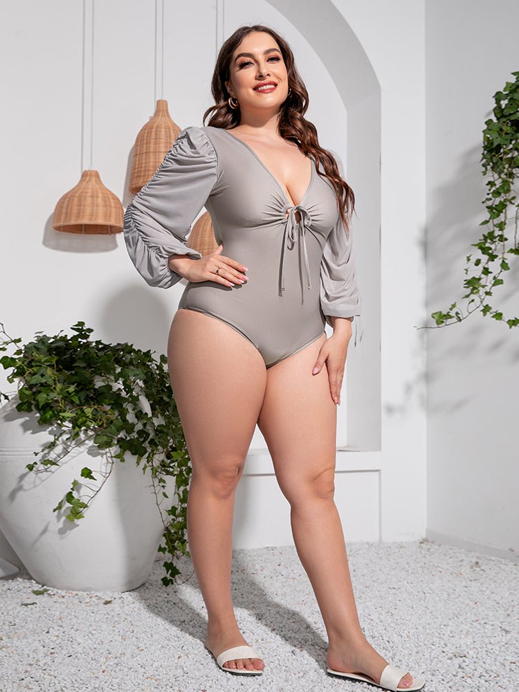 Plus Size Tied Deep V Balloon Sleeve One - Piece Swimsuit - Light Gray by Trendsi from FREYA’S CLOSET