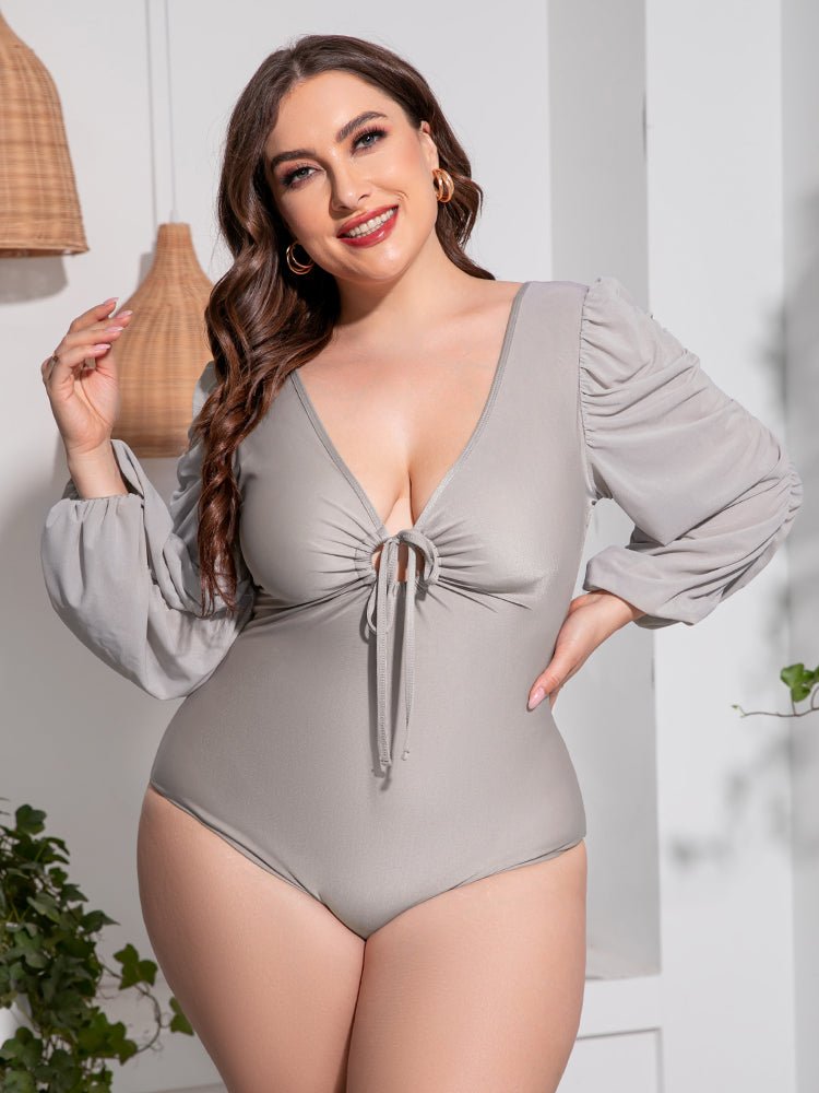 Plus Size Tied Deep V Balloon Sleeve One - Piece Swimsuit - Light Gray by Trendsi from FREYA’S CLOSET