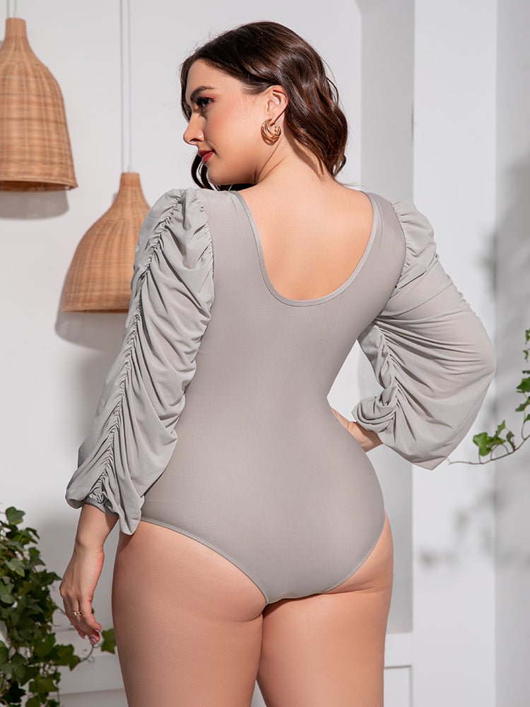 Plus Size Tied Deep V Balloon Sleeve One - Piece Swimsuit - Light Gray by Trendsi from FREYA’S CLOSET