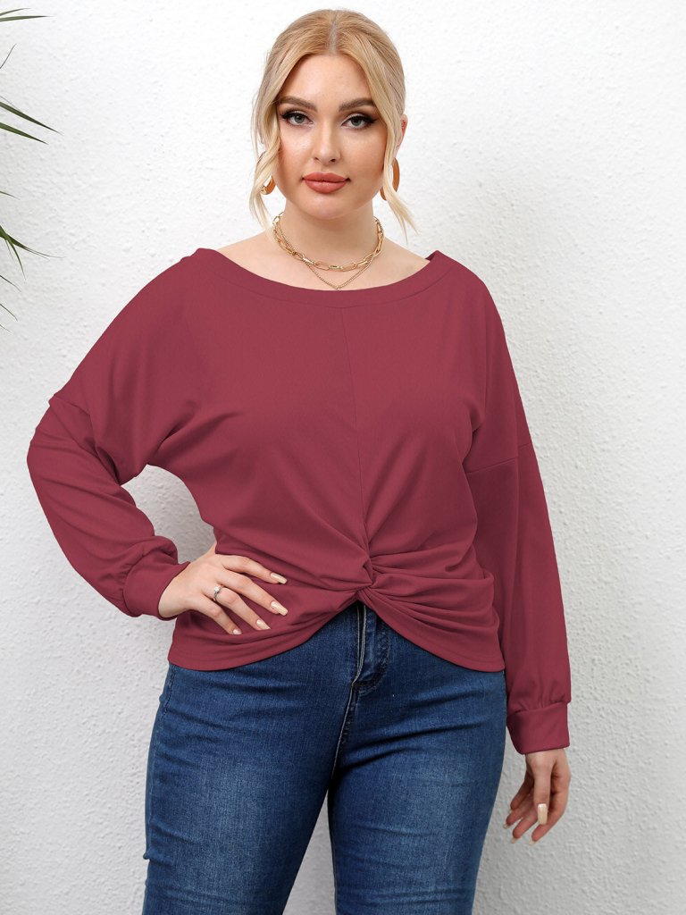 Plus Size Twisted Drop Shoulder T-Shirt - Deep Red by Trendsi from FREYA’S CLOSET