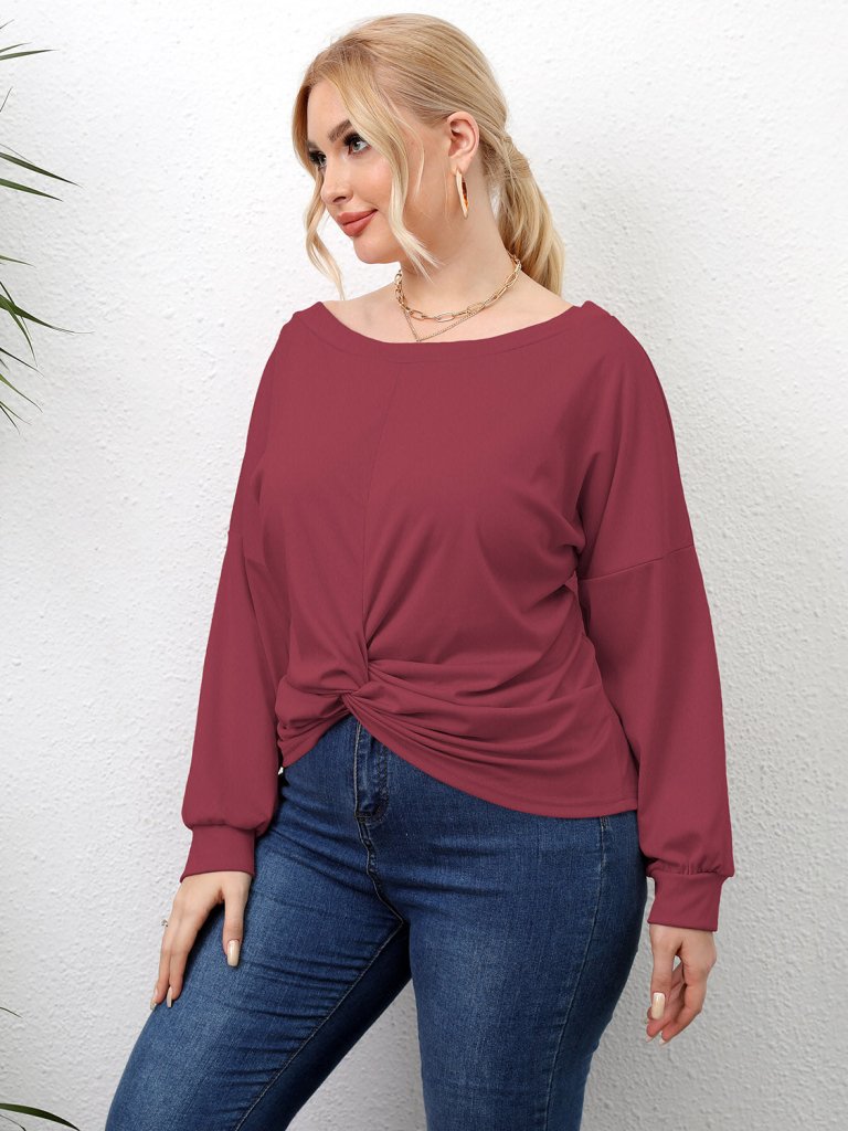 Plus Size Twisted Drop Shoulder T-Shirt - Deep Red by Trendsi from FREYA’S CLOSET