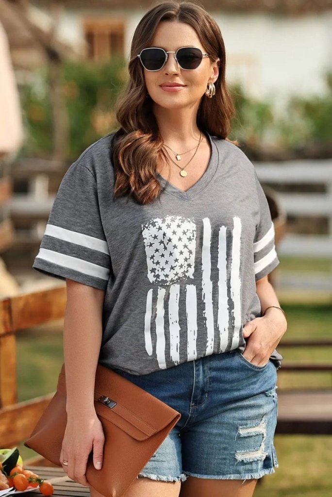 Plus Size US Flag Graphic V - Neck Tee - Dark Gray by Trendsi from FREYA’S CLOSET