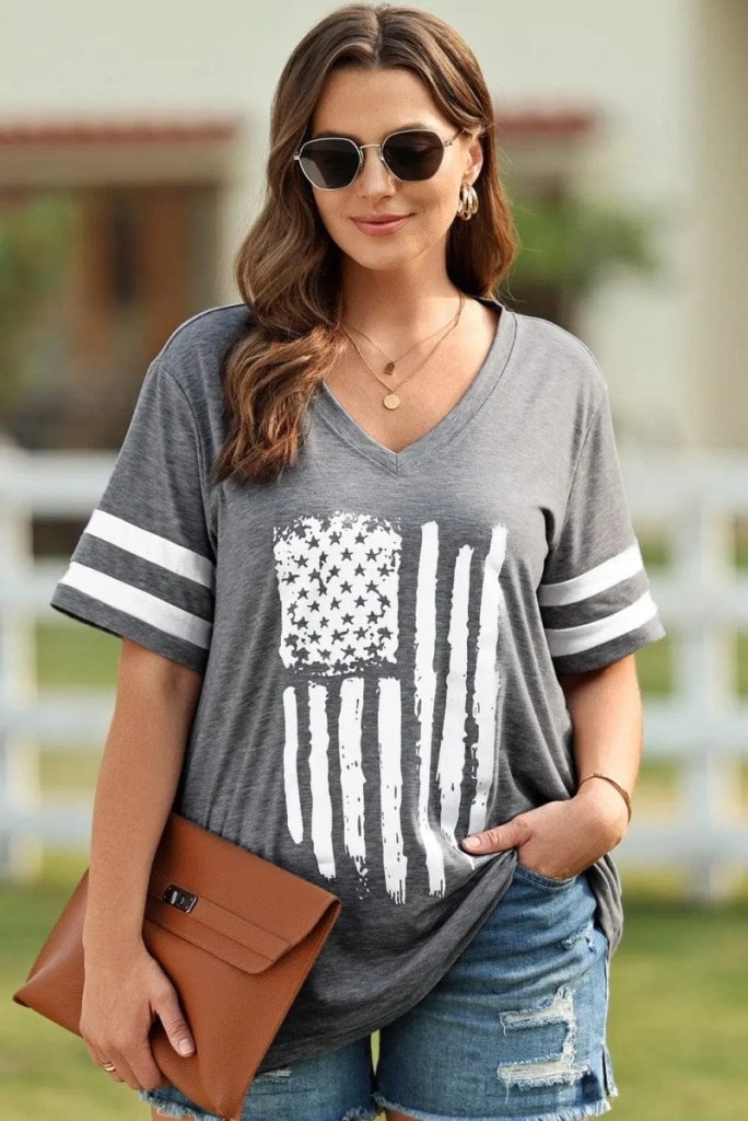 Plus Size US Flag Graphic V - Neck Tee - Dark Gray by Trendsi from FREYA’S CLOSET