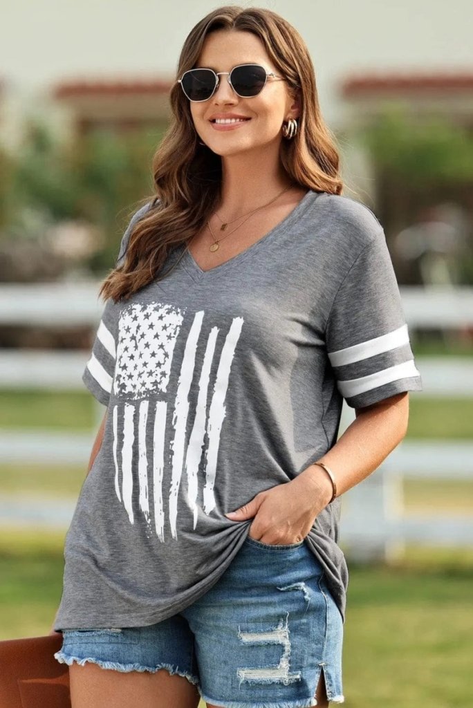 Plus Size US Flag Graphic V - Neck Tee - Dark Gray by Trendsi from FREYA’S CLOSET