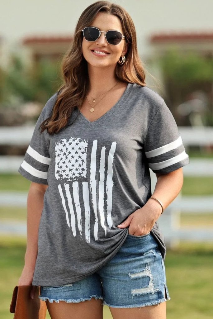 Plus Size US Flag Graphic V - Neck Tee – Dark Gray by Trendsi from FREYA’S CLOSET