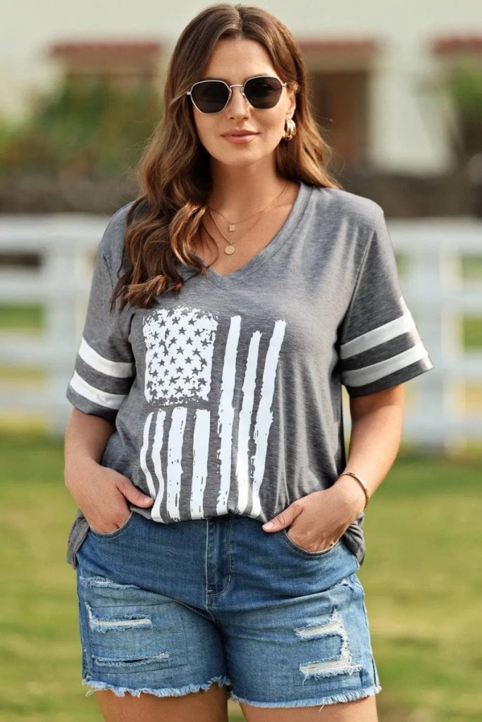 Plus Size US Flag Graphic V - Neck Tee – Dark Gray by Trendsi from FREYA’S CLOSET