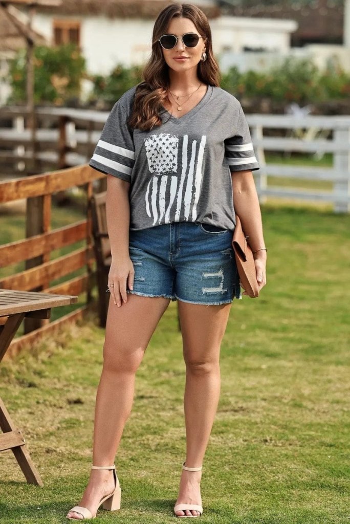 Plus Size US Flag Graphic V - Neck Tee - Dark Gray by Trendsi from FREYA’S CLOSET