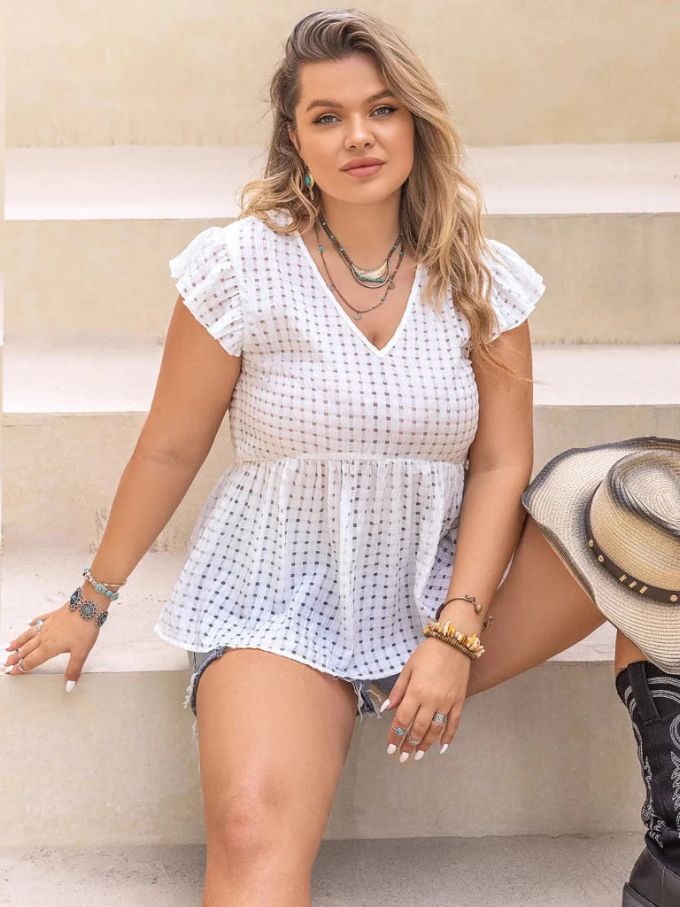 Plus Size V - Neck Cap Sleeve Blouse - White by Trendsi from FREYA’S CLOSET