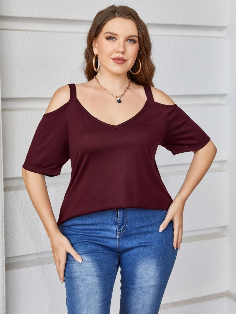 Plus Size V - Neck Cold - Shoulder Blouse - Burgundy by Trendsi from FREYA’S CLOSET