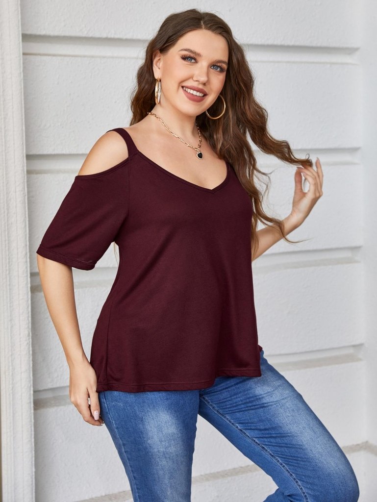 Plus Size V - Neck Cold - Shoulder Blouse - Burgundy by Trendsi from FREYA’S CLOSET