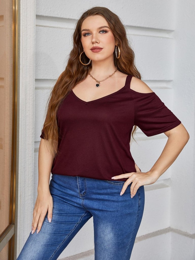 Plus Size V - Neck Cold - Shoulder Blouse - Burgundy by Trendsi from FREYA’S CLOSET