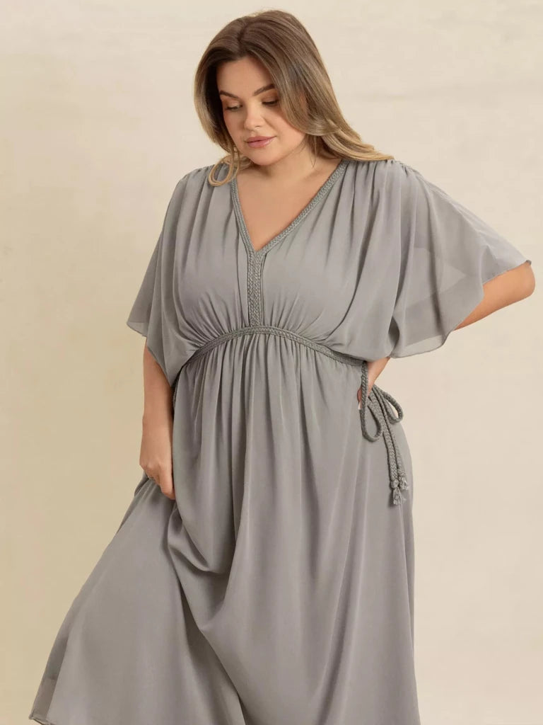 Plus Size V - Neck Flutter Sleeve Dress - Gray by Trendsi from FREYA’S CLOSET