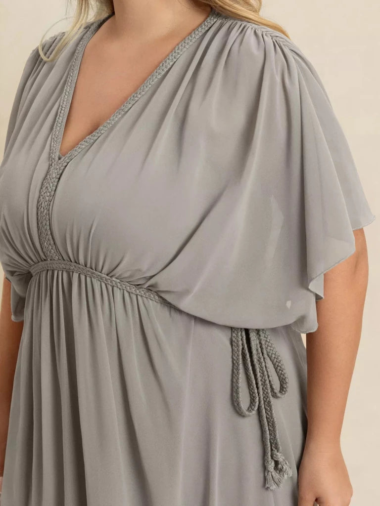 Plus Size V - Neck Flutter Sleeve Dress - Gray by Trendsi from FREYA’S CLOSET