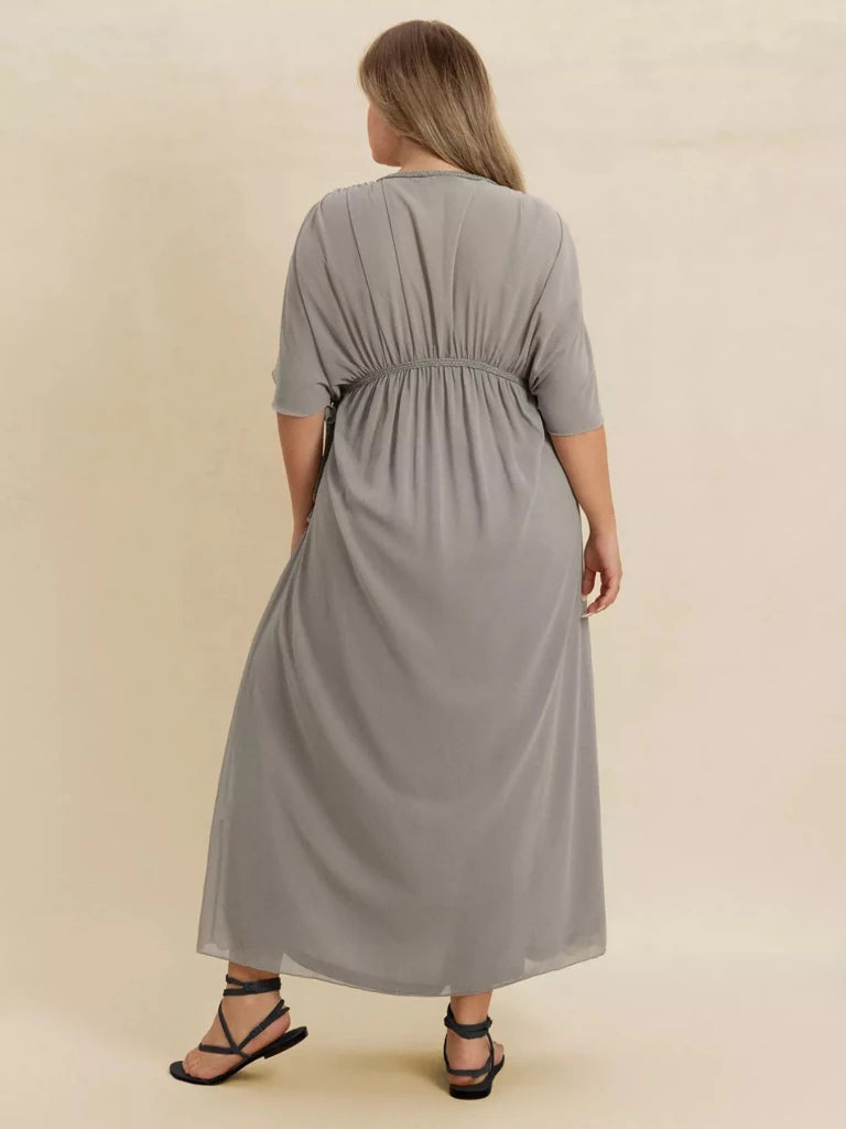 Plus Size V - Neck Flutter Sleeve Dress - Gray by Trendsi from FREYA’S CLOSET