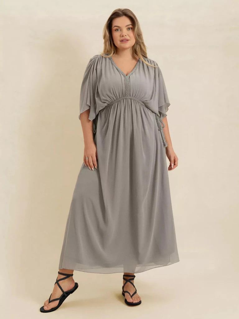 Plus Size V - Neck Flutter Sleeve Dress - Gray by Trendsi from FREYA’S CLOSET