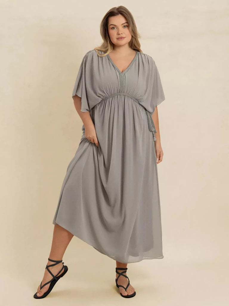 Plus Size V - Neck Flutter Sleeve Dress - Gray by Trendsi from FREYA’S CLOSET