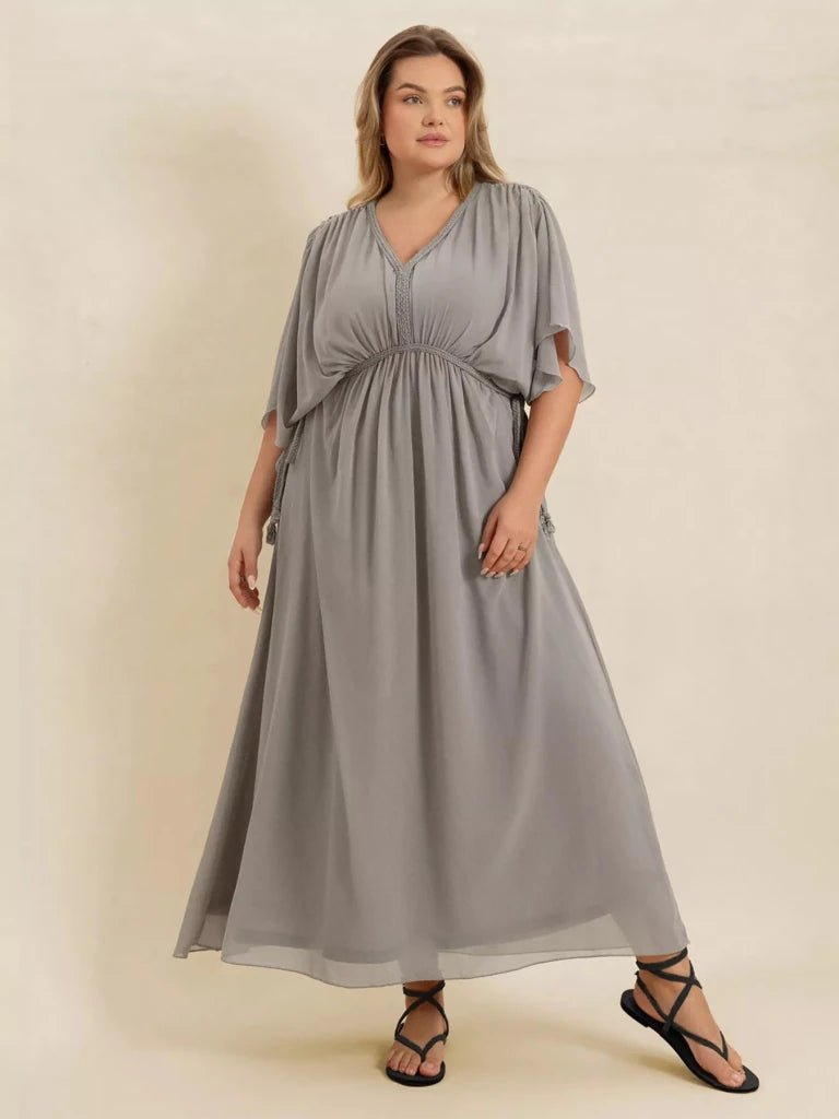 Plus Size V - Neck Flutter Sleeve Dress - Gray by Trendsi from FREYA’S CLOSET