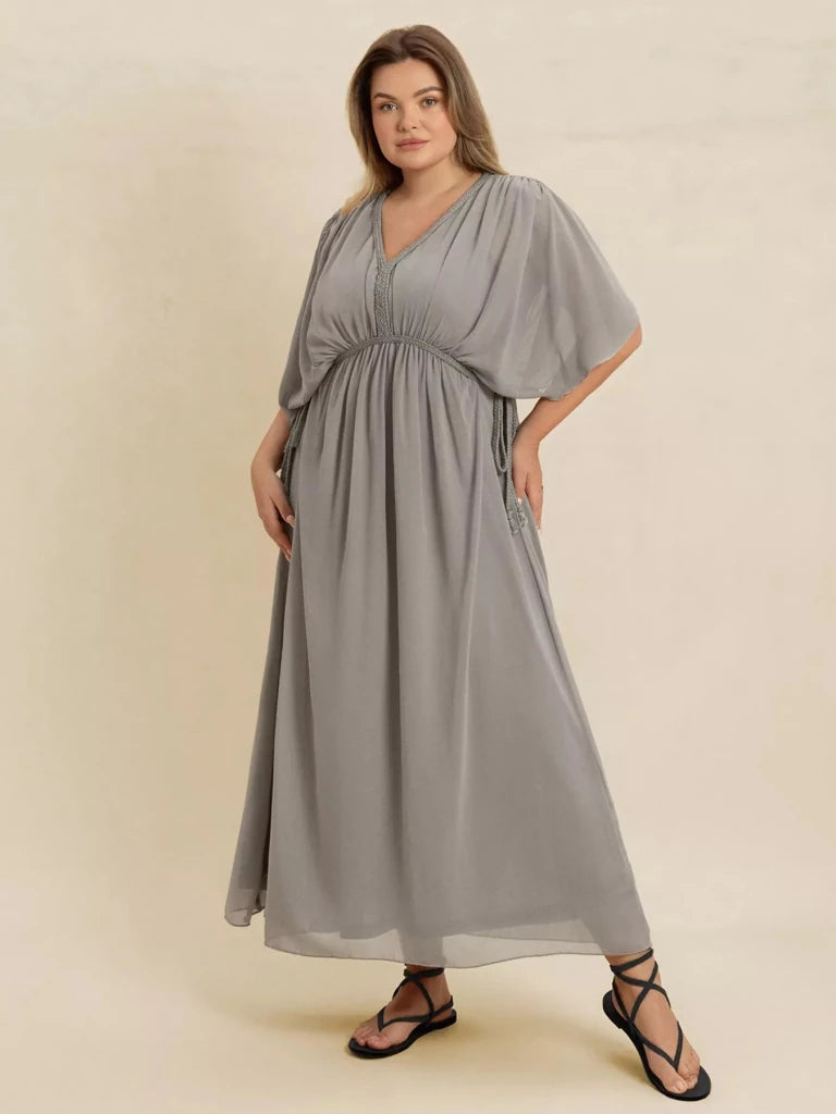 Plus Size V - Neck Flutter Sleeve Dress - Gray by Trendsi from FREYA’S CLOSET