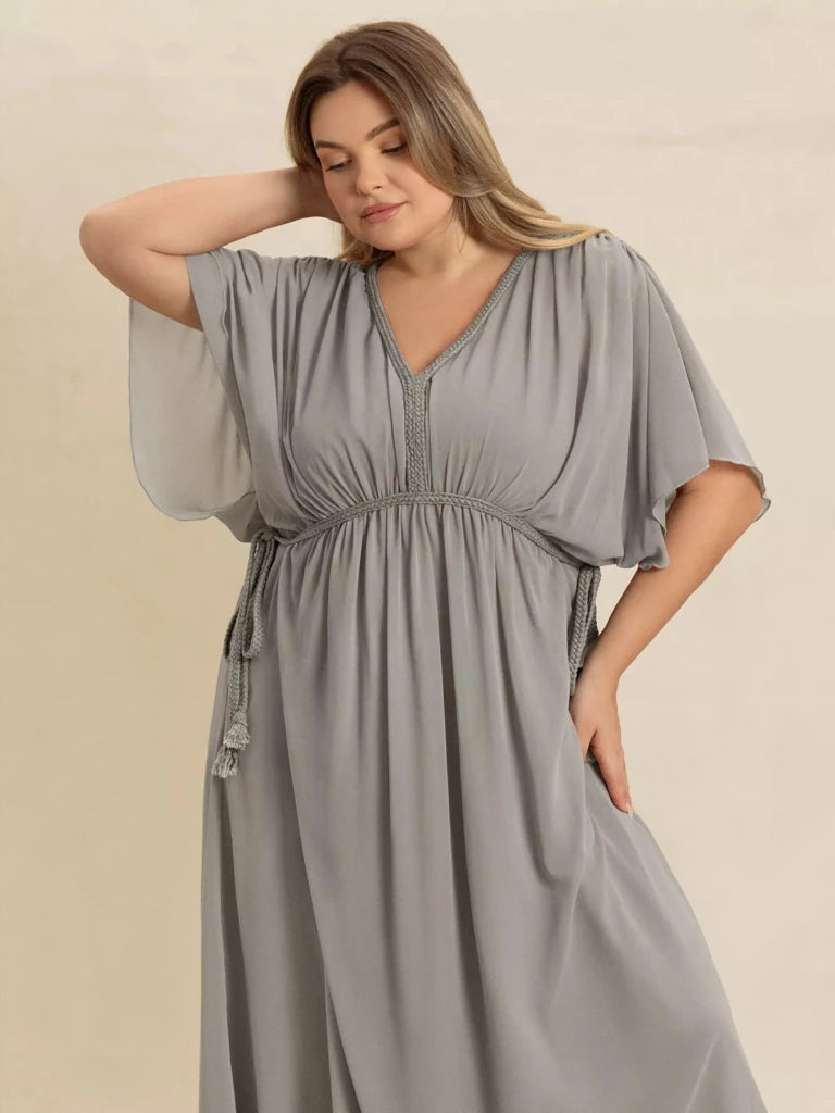 Plus Size V - Neck Flutter Sleeve Dress - Gray by Trendsi from FREYA’S CLOSET