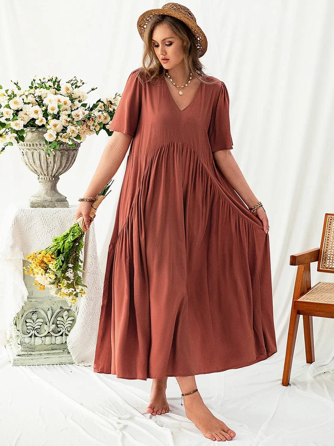 Trendsi Dresses Plus Size V-Neck Flutter Sleeve Midi Dress