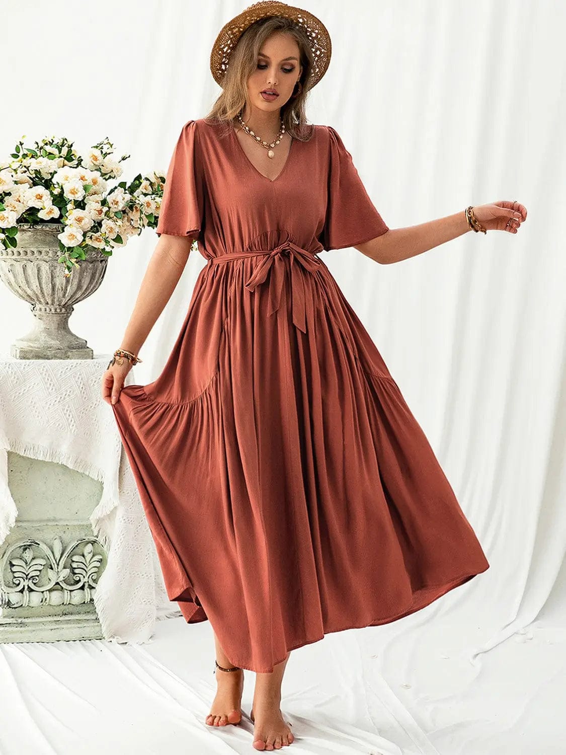 Trendsi Dresses Rust / 0XL Plus Size V-Neck Flutter Sleeve Midi Dress