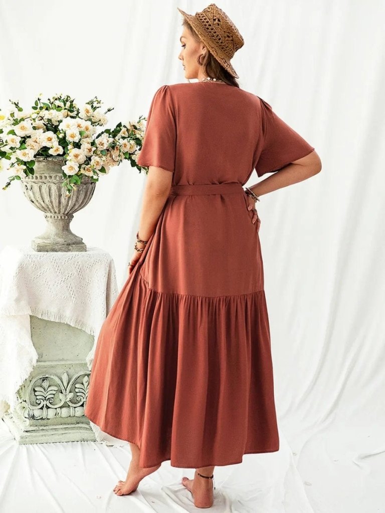 Plus Size V - Neck Flutter Sleeve Midi Dress - Rust by Trendsi from FREYA’S CLOSET