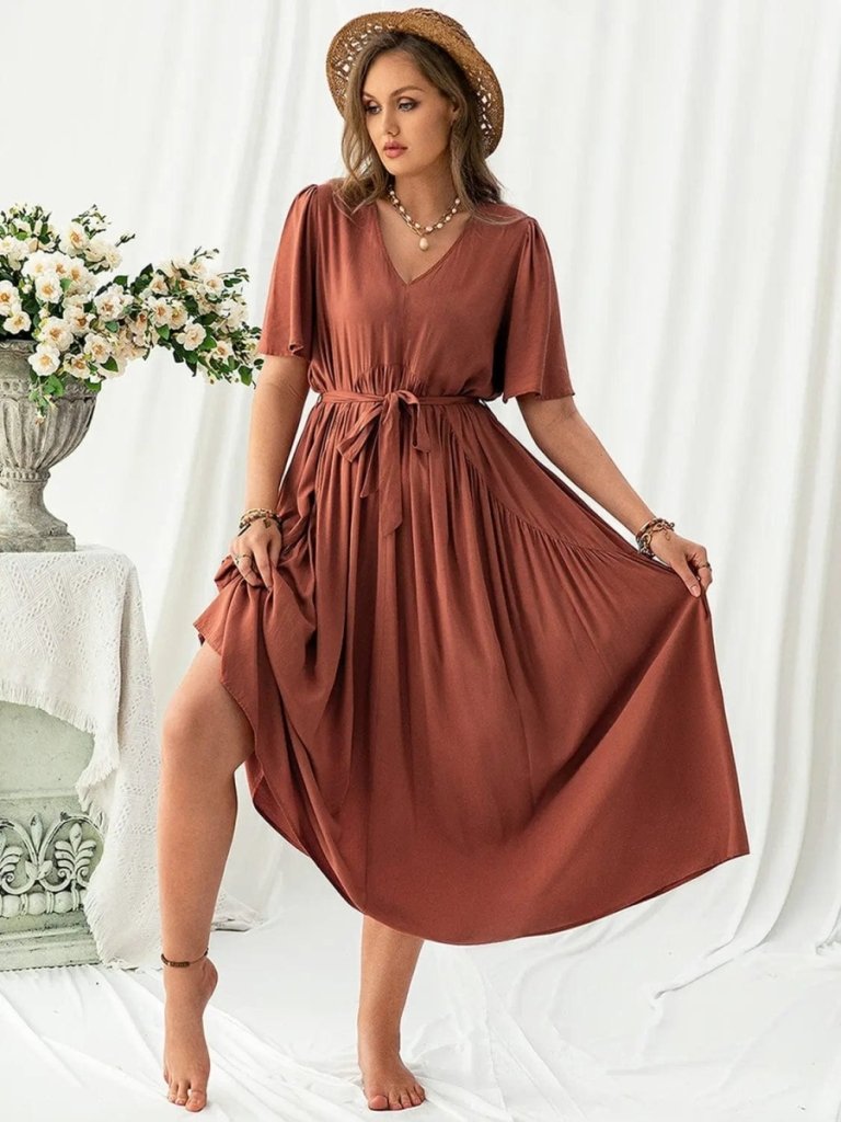 Plus Size V - Neck Flutter Sleeve Midi Dress - Rust by Trendsi from FREYA’S CLOSET