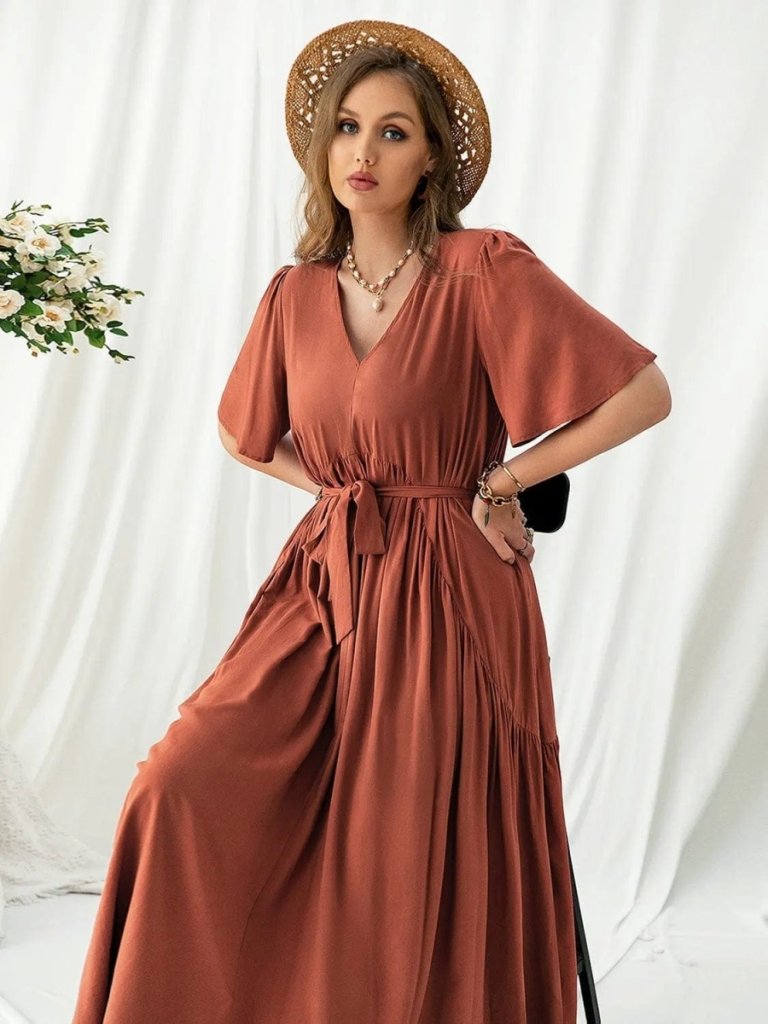Plus Size V - Neck Flutter Sleeve Midi Dress - Rust by Trendsi from FREYA’S CLOSET