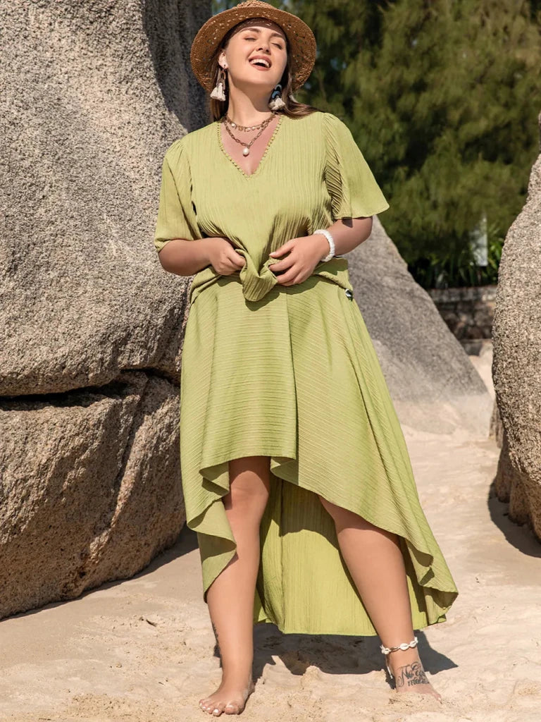 Plus Size V - Neck Half Sleeve Top and High - Low Skirt Set - Yellow - Green by Trendsi from FREYA’S CLOSET