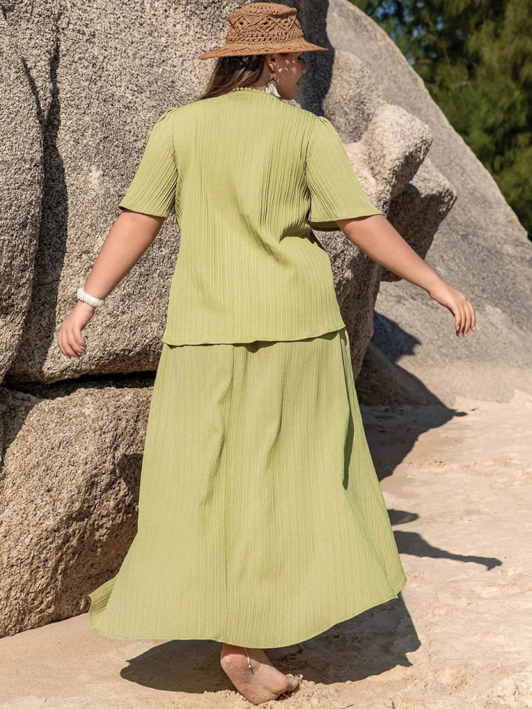 Plus Size V - Neck Half Sleeve Top and High - Low Skirt Set - Yellow - Green by Trendsi from FREYA’S CLOSET