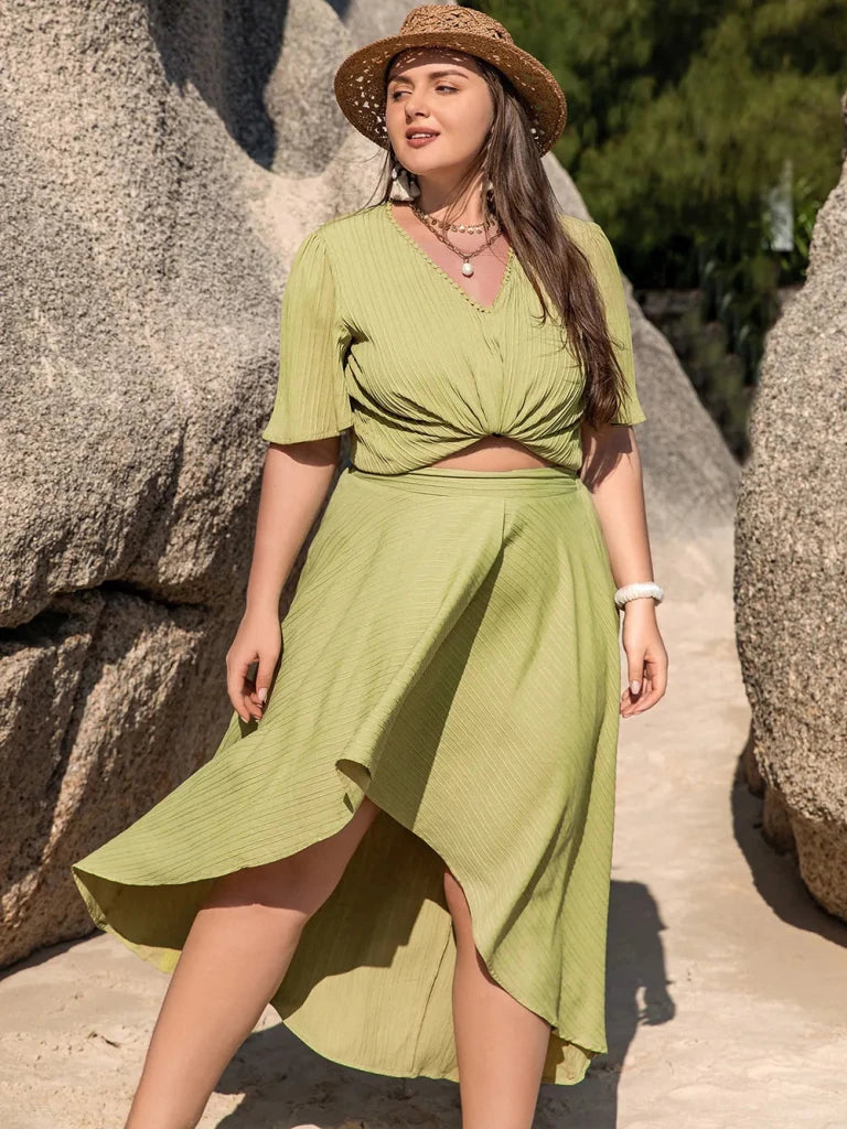 Plus Size V - Neck Half Sleeve Top and High - Low Skirt Set - Yellow - Green by Trendsi from FREYA’S CLOSET