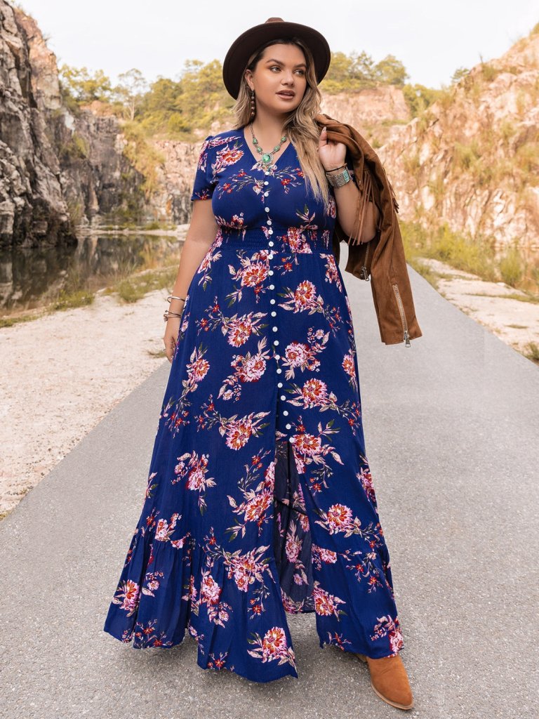 Plus Size V - Neck Maxi Dress - Dark Blue by Trendsi from FREYA’S CLOSET