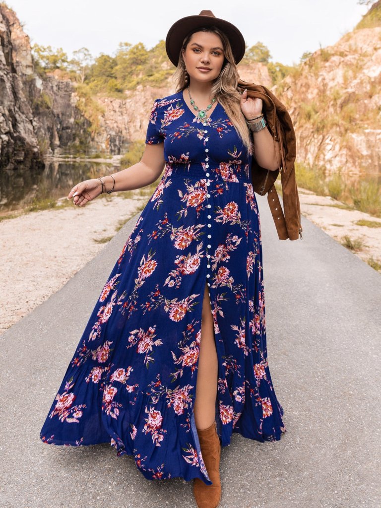 Plus Size V - Neck Maxi Dress - Dark Blue by Trendsi from FREYA’S CLOSET