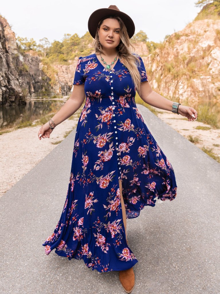 Plus Size V - Neck Maxi Dress - Dark Blue by Trendsi from FREYA’S CLOSET