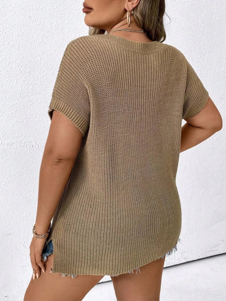 Plus Size V - Neck Short Sleeve Knit Top with Chest Pocket - Brown by Trendsi from FREYA’S CLOSET