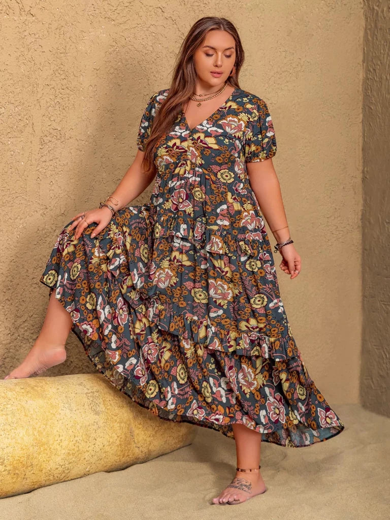 Plus Size V - Neck Short Sleeve Midi Dress - Multicolor by Trendsi from FREYA’S CLOSET