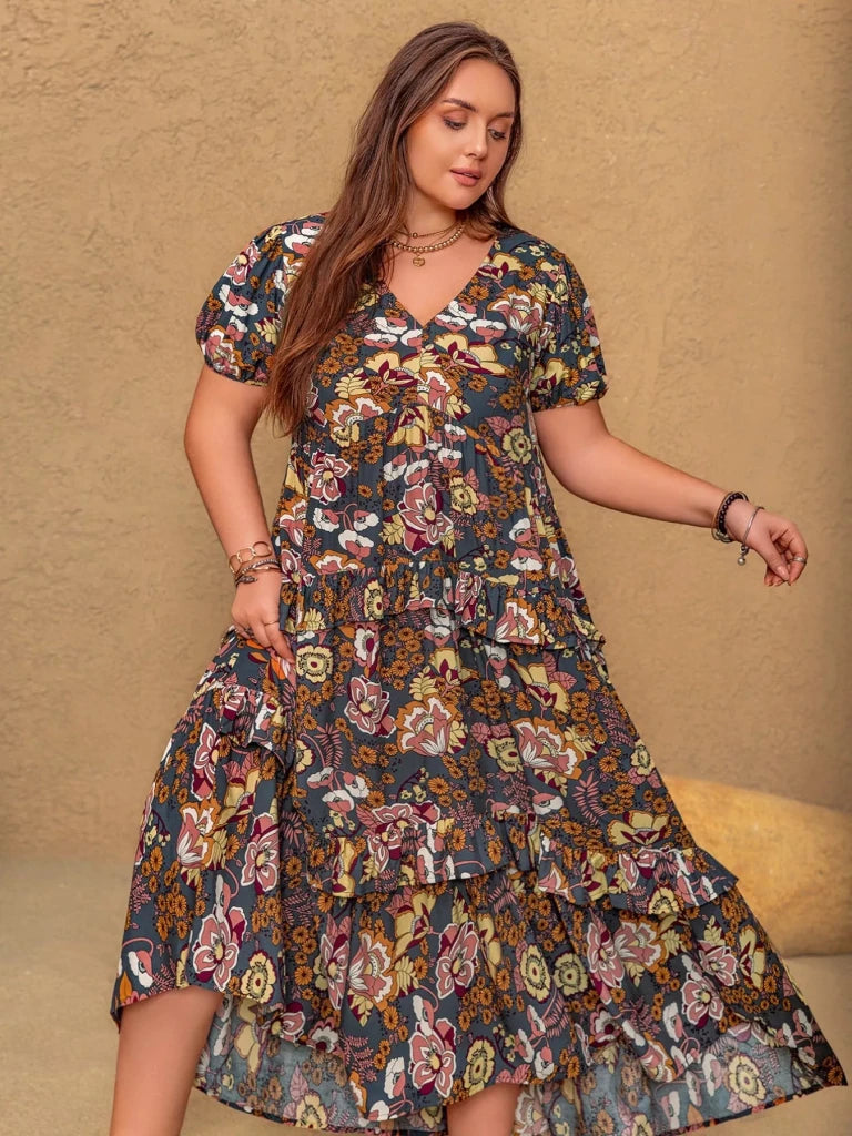 Plus Size V - Neck Short Sleeve Midi Dress - Multicolor by Trendsi from FREYA’S CLOSET