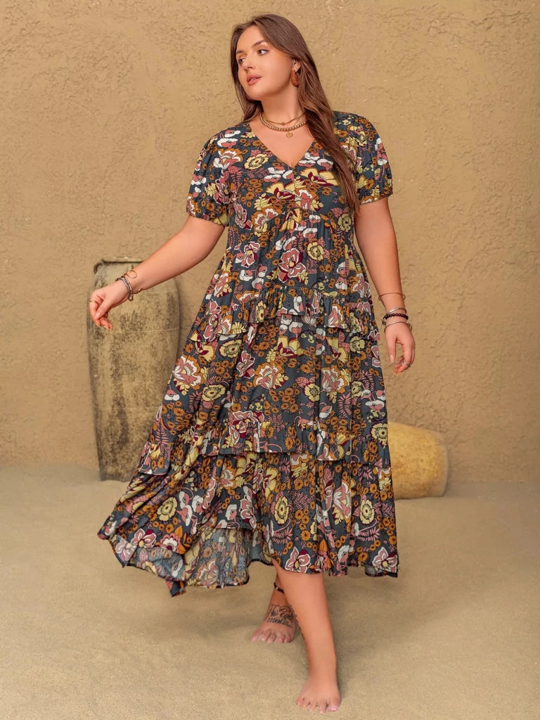 Plus Size V - Neck Short Sleeve Midi Dress - Multicolor by Trendsi from FREYA’S CLOSET