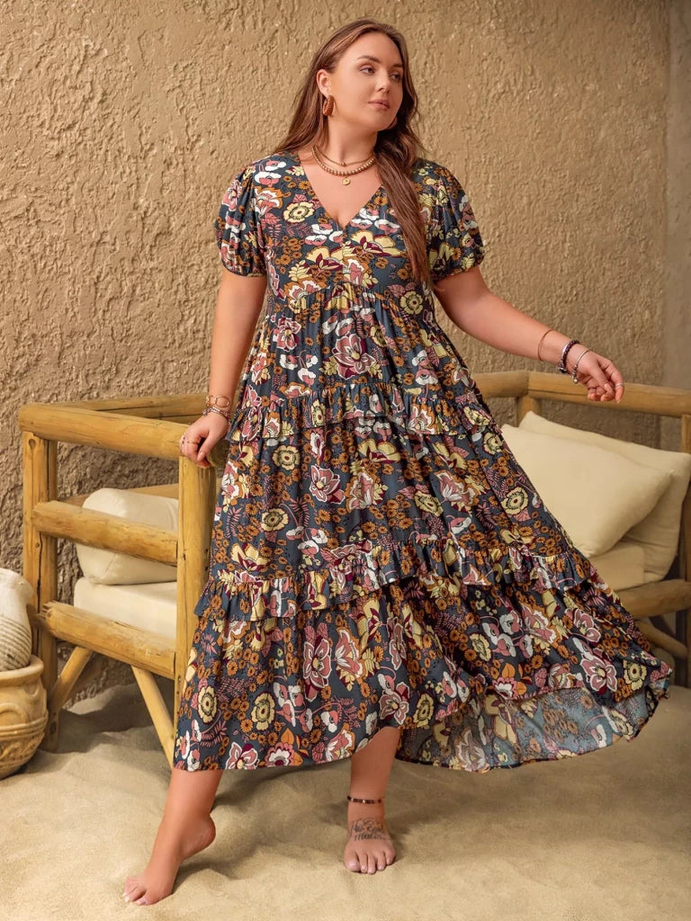 Plus Size V - Neck Short Sleeve Midi Dress - Multicolor by Trendsi from FREYA’S CLOSET