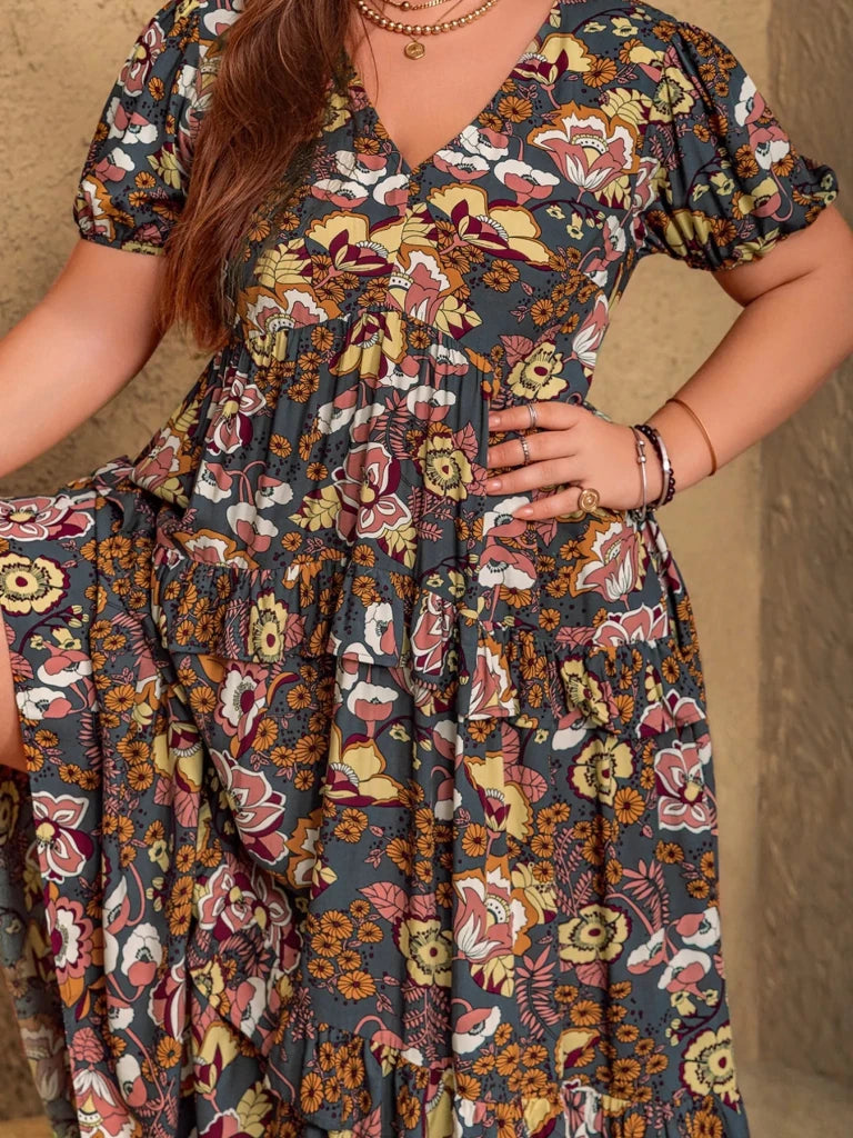 Plus Size V - Neck Short Sleeve Midi Dress - Multicolor by Trendsi from FREYA’S CLOSET