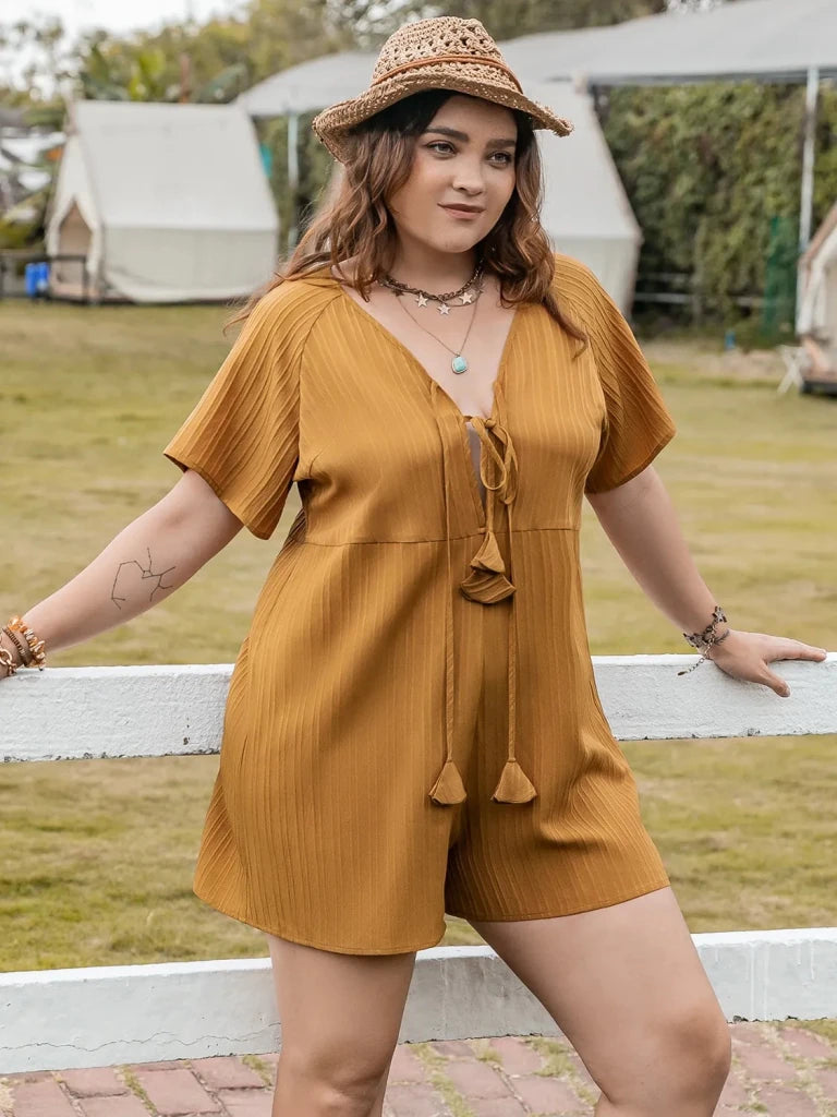 Plus Size V - Neck Short Sleeve Romper - Mustard by Trendsi from FREYA’S CLOSET