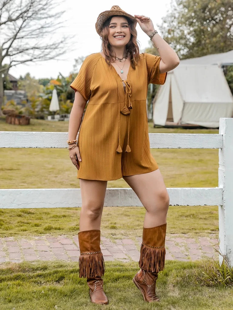 Plus Size V - Neck Short Sleeve Romper - Mustard by Trendsi from FREYA’S CLOSET