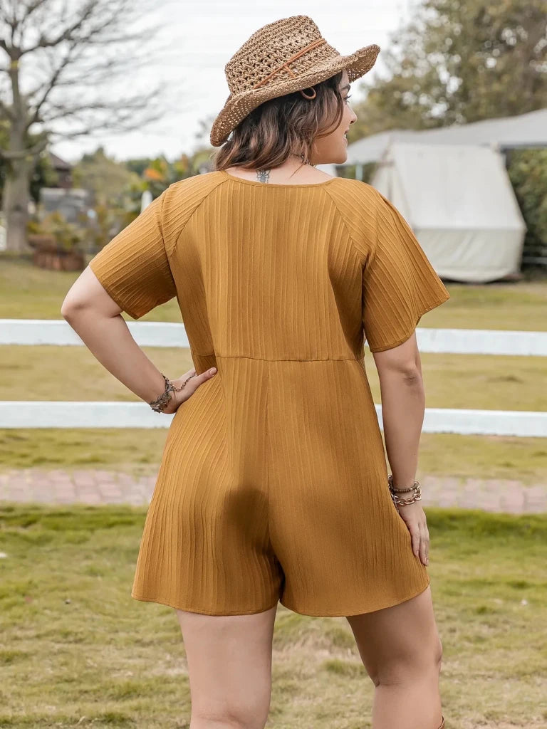 Plus Size V - Neck Short Sleeve Romper - Mustard by Trendsi from FREYA’S CLOSET