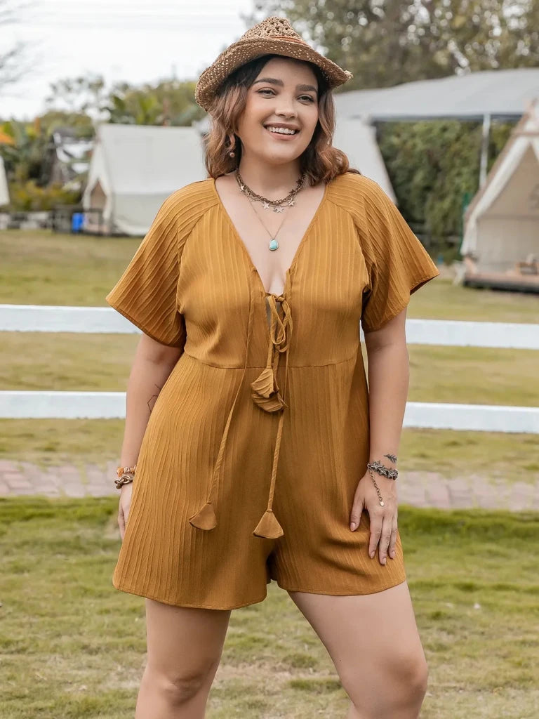 Plus Size V - Neck Short Sleeve Romper - Mustard by Trendsi from FREYA’S CLOSET
