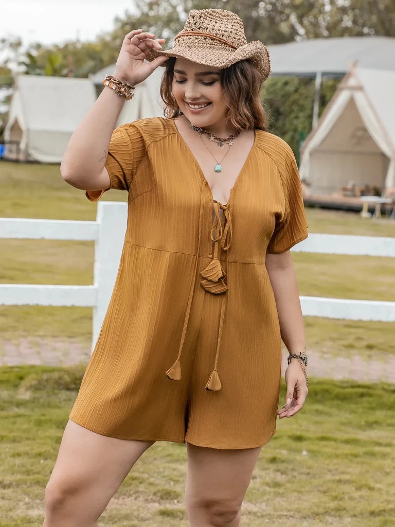 Plus Size V - Neck Short Sleeve Romper - Mustard by Trendsi from FREYA’S CLOSET