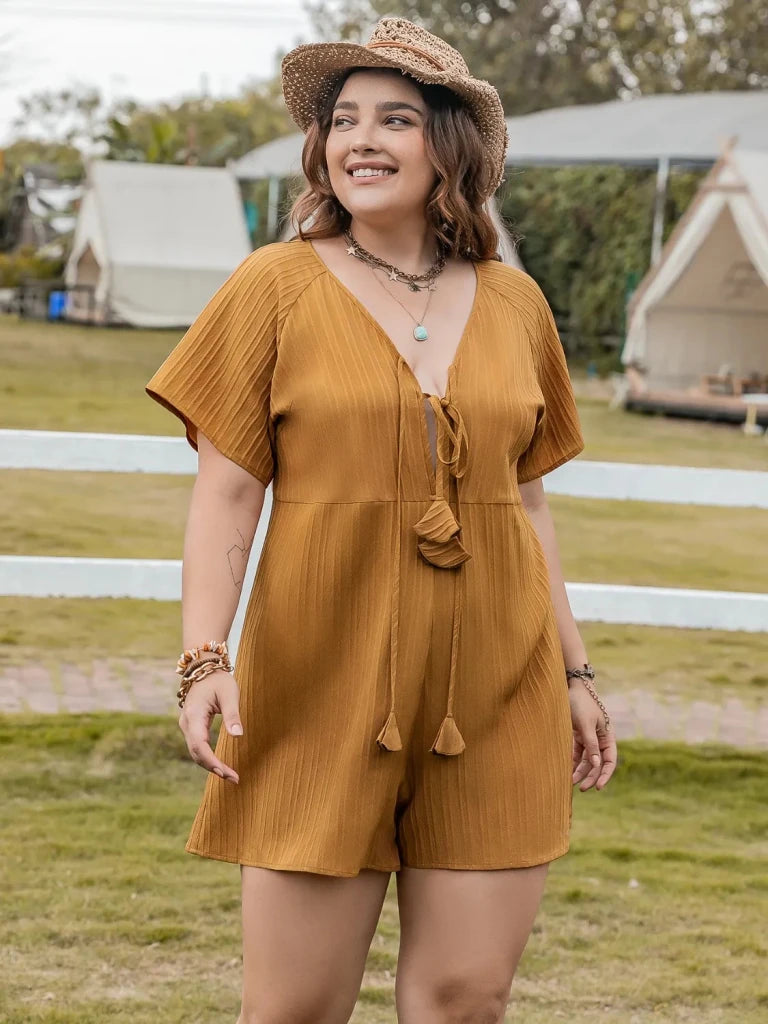 Plus Size V - Neck Short Sleeve Romper - Mustard by Trendsi from FREYA’S CLOSET
