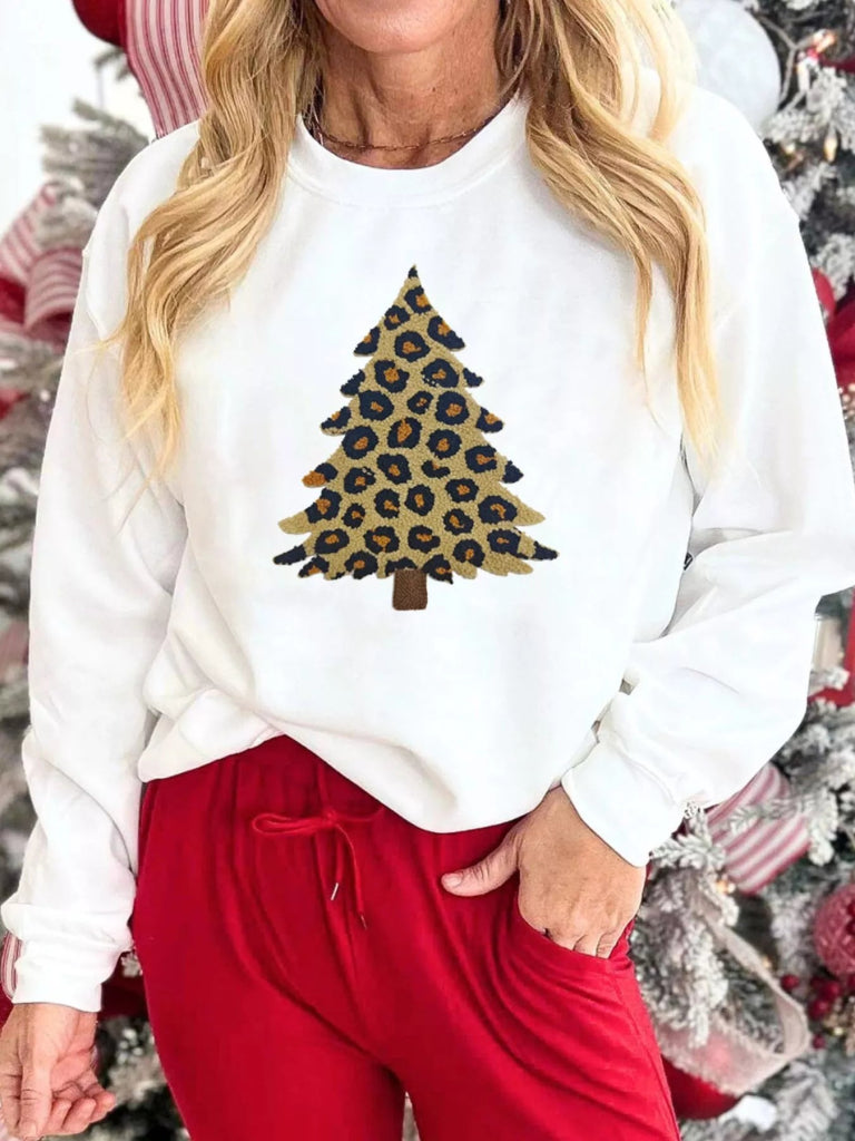 Plush Leopard Tree Patched Drop Shoulder Sweatshirt - White by Trendsi from FREYA’S CLOSET