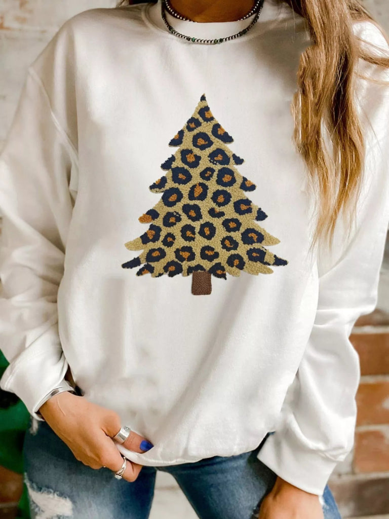 Plush Leopard Tree Patched Drop Shoulder Sweatshirt - White by Trendsi from FREYA’S CLOSET