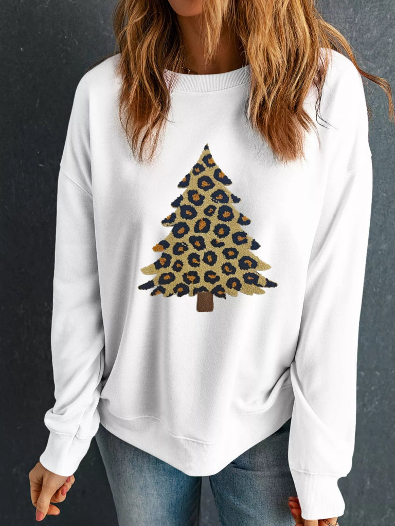 Plush Leopard Tree Patched Drop Shoulder Sweatshirt - White by Trendsi from FREYA’S CLOSET