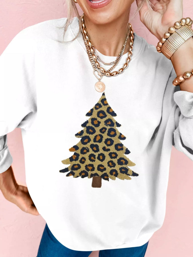 Plush Leopard Tree Patched Drop Shoulder Sweatshirt - White by Trendsi from FREYA’S CLOSET